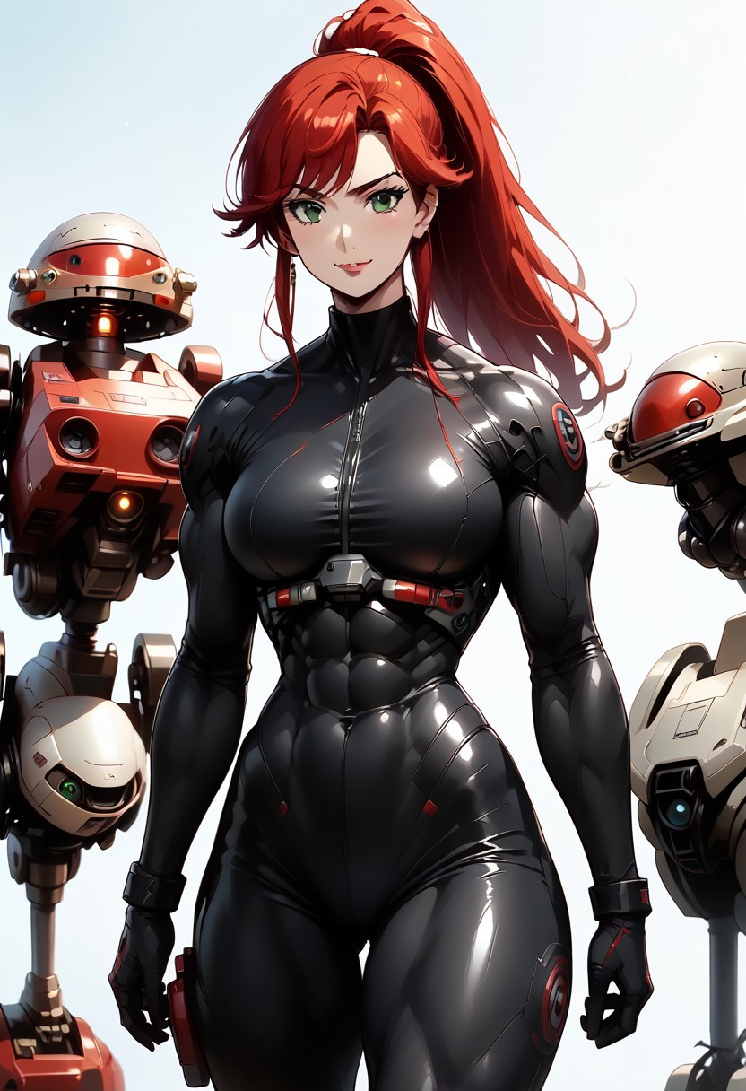 score_9, score_8_up, score_7_up, beautiful color, 
aesthetic, 2d, anime coloring, anime screencap, source_anime,
muscular female, curvy, large breasts, large pectorals, wipe hips, thick thighs, muscular thighs, abs, huge ass,
red hair, long hair, high ponytail, swept bangs, green eyes, seductive smile, (black bodysuit:1.5), (mech pilot bodysuit:1.6), (seamless bodysuit:1.2),