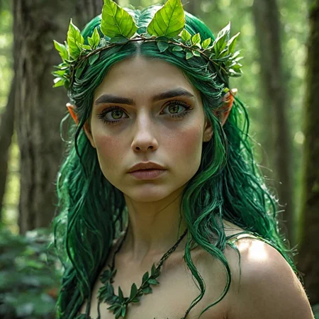 "An upper body photo of an elven nymph with deep green hair that flows down her back, adorned with a crown of vibrant leaves and twigs. Her piercing green eyes blend seamlessly with the lush forest surroundings, and her pointed ears emphasize her connection to nature. She is dressed in a simple, earth-toned gown made of natural materials, with a necklace of intertwined vines and leaves around her neck. The background is a dense, sunlit forest, where the light filters through the trees, casting dappled shadows on the forest floor and enhancing her mystical, nature-bound presence."