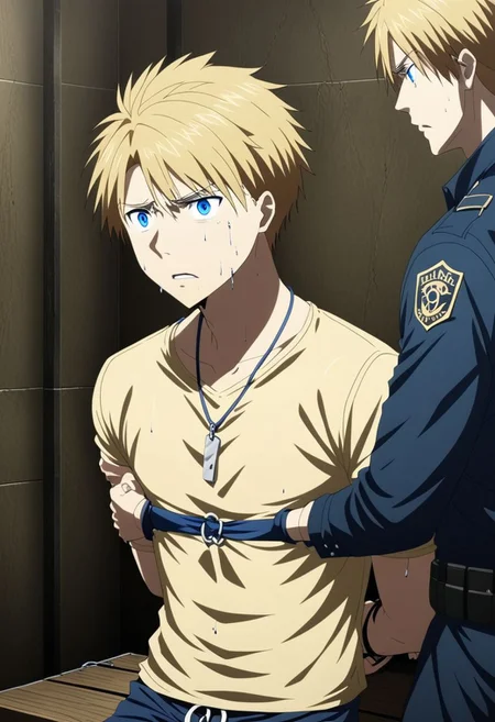 high resolution, solo, best quality, 1Boy, Yamato Ishida, Blond Hair, Blue Eyes, Necklace, arrested, restrained, struggling, interrogation, interrogation room, OverallDetail