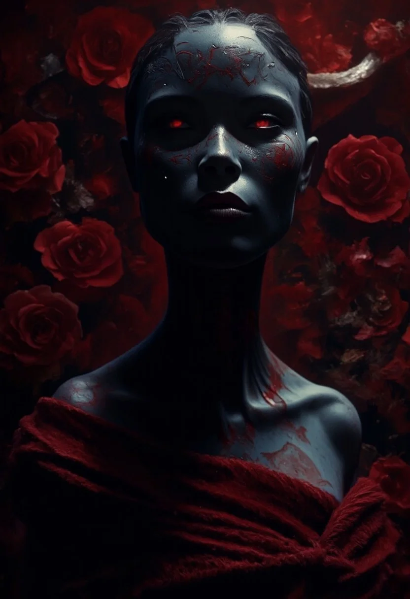 Create an ultra-detailed, high-quality, cinematic image of a captivating yet sinister figure embodying the duality of beauty and evil.   A fanged succubus with impossibly coal black skin. Pitch Black Skin.
 Brilliantly white fangs. Her skin is jet black (impossibly black, black as a grave), the black of night with subtle scaled pattern. Blood Red tattoos on her face and body - intricately patterned, occult and Wiccan symbols.  The figure exudes a strong Gothic influence, with darkly glamorous attire that blends elegance with menace.  She is standing in a field of black and blood red roses Her eyes are that of a lion. Feline grace, terrifying and desirable. A siren of seduction and destruction.   Her mesmerizing gaze, both alluring and chilling, draws the viewer in with a high degree of implied sensuality (inspired by Queen of the Damned). Ethereal lighting highlights her features while rich, haunting shadows enhance the dark environment, enveloping her in an aura of power and mystery. The atmosphere is infused with Gothic undertones, creating a chilling ambiance where beauty and danger coexist. Her evocative expression reflects both desire and fear, capturing the duality of attraction and threat. The scene should feature intricate details, a rich palette of textures, and depth, ensuring the contrast between her alluring presence and the lurking menace is striking and unforgettable.