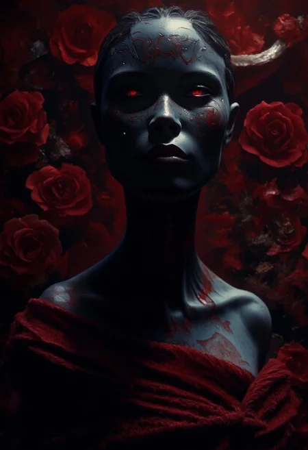 Create an ultra-detailed, high-quality, cinematic image of a captivating yet sinister figure embodying the duality of beauty and evil. A fanged succubus with impossibly coal black skin. Pitch Black Skin.
Brilliantly white fangs. Her skin is jet black (impossibly black, black as a grave), the black of night with subtle scaled pattern. Blood Red tattoos on her face and body - intricately patterned, occult and Wiccan symbols. The figure exudes a strong Gothic influence, with darkly glamorous attire that blends elegance with menace. She is standing in a field of black and blood red roses Her eyes are that of a lion. Feline grace, terrifying and desirable. A siren of seduction and destruction. Her mesmerizing gaze, both alluring and chilling, draws the viewer in with a high degree of implied sensuality (inspired by Queen of the Damned). Ethereal lighting highlights her features while rich, haunting shadows enhance the dark environment, enveloping her in an aura of power and mystery. The atmosphere is infused with Gothic undertones, creating a chilling ambiance where beauty and danger coexist. Her evocative expression reflects both desire and fear, capturing the duality of attraction and threat. The scene should feature intricate details, a rich palette of textures, and depth, ensuring the contrast between her alluring presence and the lurking menace is striking and unforgettable.