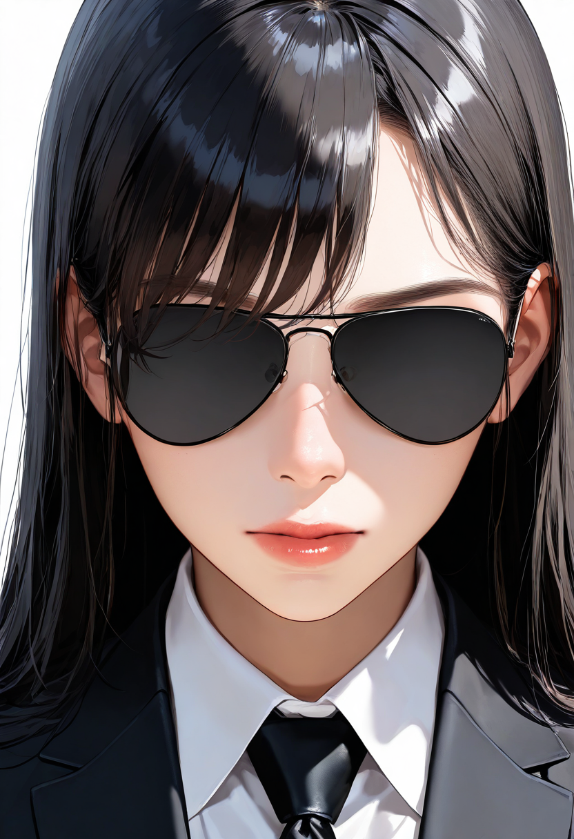 sg-AVIATOR, sunglasses, black-framed eyewear, grey-tinted eyewear, (covered eyes),
1girl, solo, black hair, long hair, formal, black suit, black necktie, collared shirt, simple background, white background, portrait, upper body,
masterpiece, best quality, amazing quality, very aesthetic, absurdres,
<lora:glasses_aviator_Illustrious_V1L:1>
