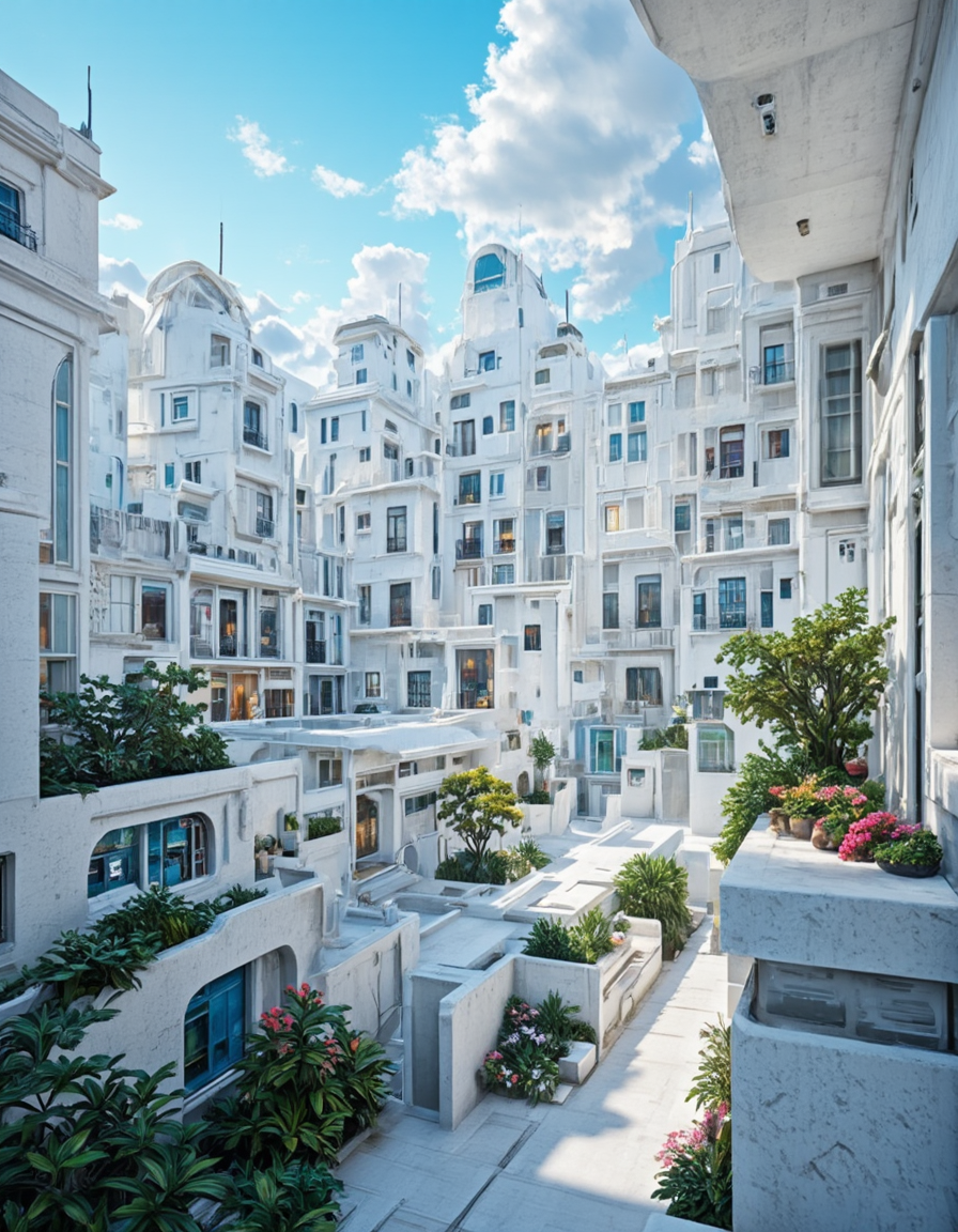 <lora:INWYTK_01a_flux:1> inwytk01flux, ye11ow, scenery, white buildings, science fiction, photo, realistic, very narrow pathway, over-the-shoulder view stores, vegetation,