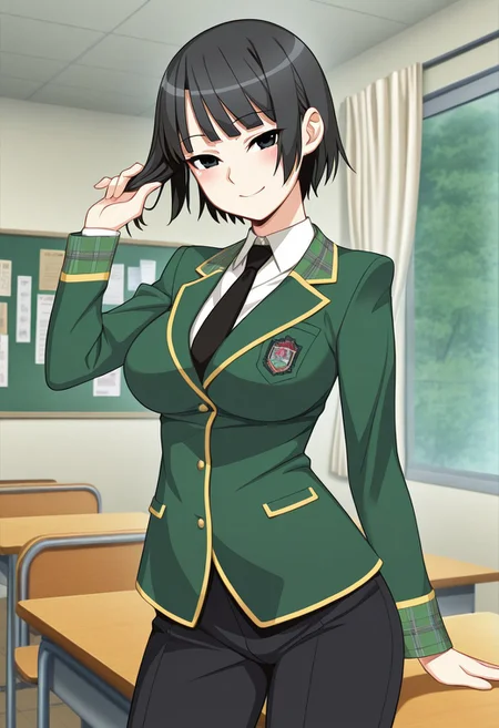score_9,score_8_up,score_7_up,source_anime,5_figner,2d_animation,game cg,BREAK,1girl,solo,
Aiura Ichika,
black hair,short hair,black eyes,
large breasts,
long sleeves,school uniform, green jacket, white shirt, black necktie, blazer, blazer yellow line,black pants,hair grab,
cowboy shot,smile,blush,
school,classroom,window,indoor,curtain,bulletin board,
front view,looking at viewer,standing,
masterpiece,best qualit,ultra-detailed,illustration,an extremely delicate and beautiful,beautiful detailed eyes,unity 8k wallpaper,high resolution,anime CG,official_art,