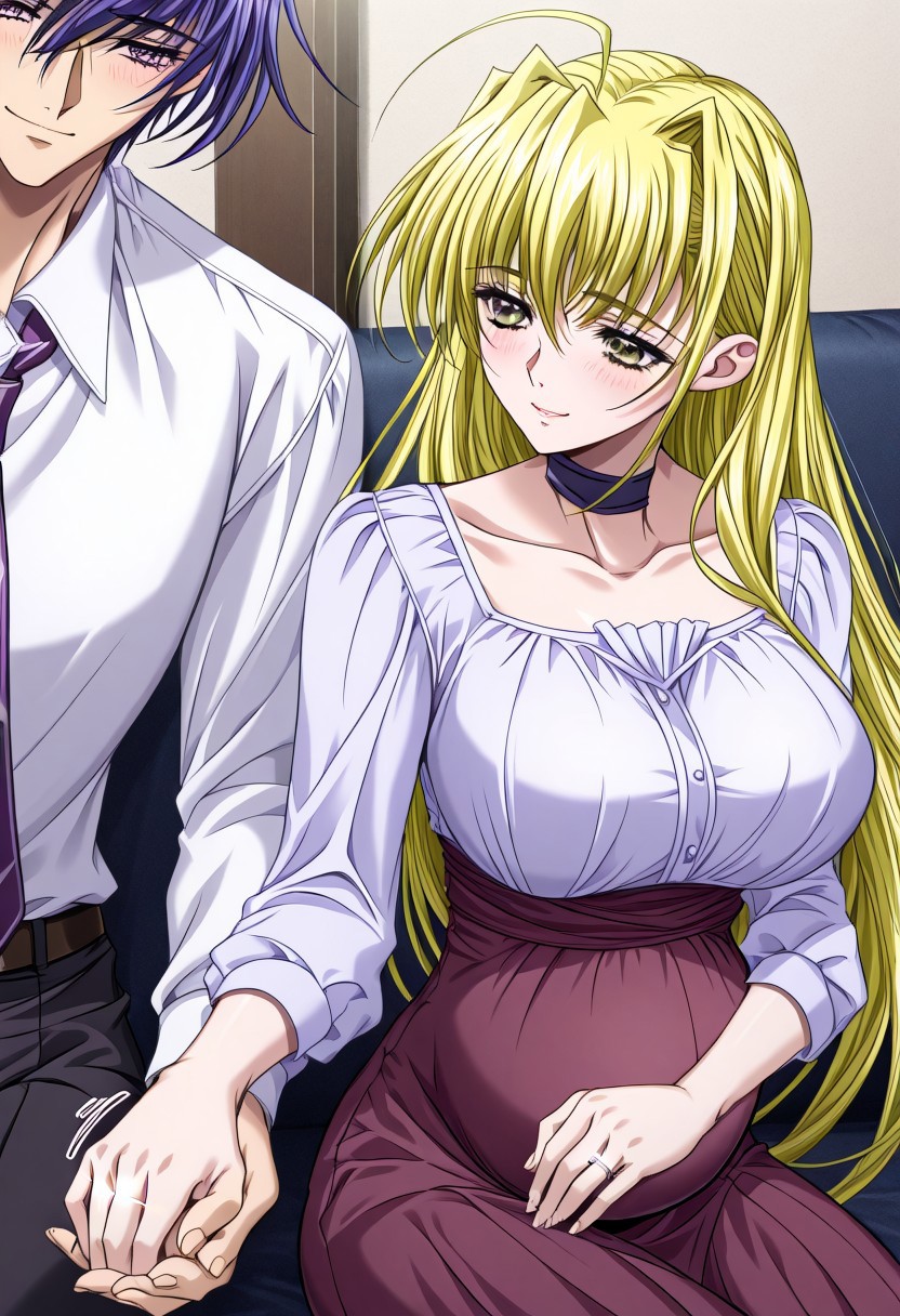masterpiece, best quality, newest, highres, uncensored, 1girl, yokota mamoru style,1girl, slender face，motion lines,
Cecilia Game,Ahoge Hair, Blonde Hair, Waist Length Hair,Long Hair,Violet Eyes,Large Eyes,Choker,Slim
Slim pregnant, 1girl, wedding ring, ring, jewelry, 1boy, hetero, blush, long hair, breasts, brown eyes, large breasts, husband and wife, couple, holding hands, solo focus, necktie, sitting, smile,indoors