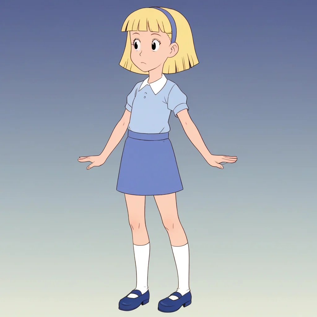score_7_up, BREAK, Annika, 1girl, solo, short hair, blonde hair, black eyes, hairband, shirt, blue skirt, white socks, blue mary janes, <lora:AnnikaSettergren_PXL_Leaf1:0.8>, full body, gradient background, standing,