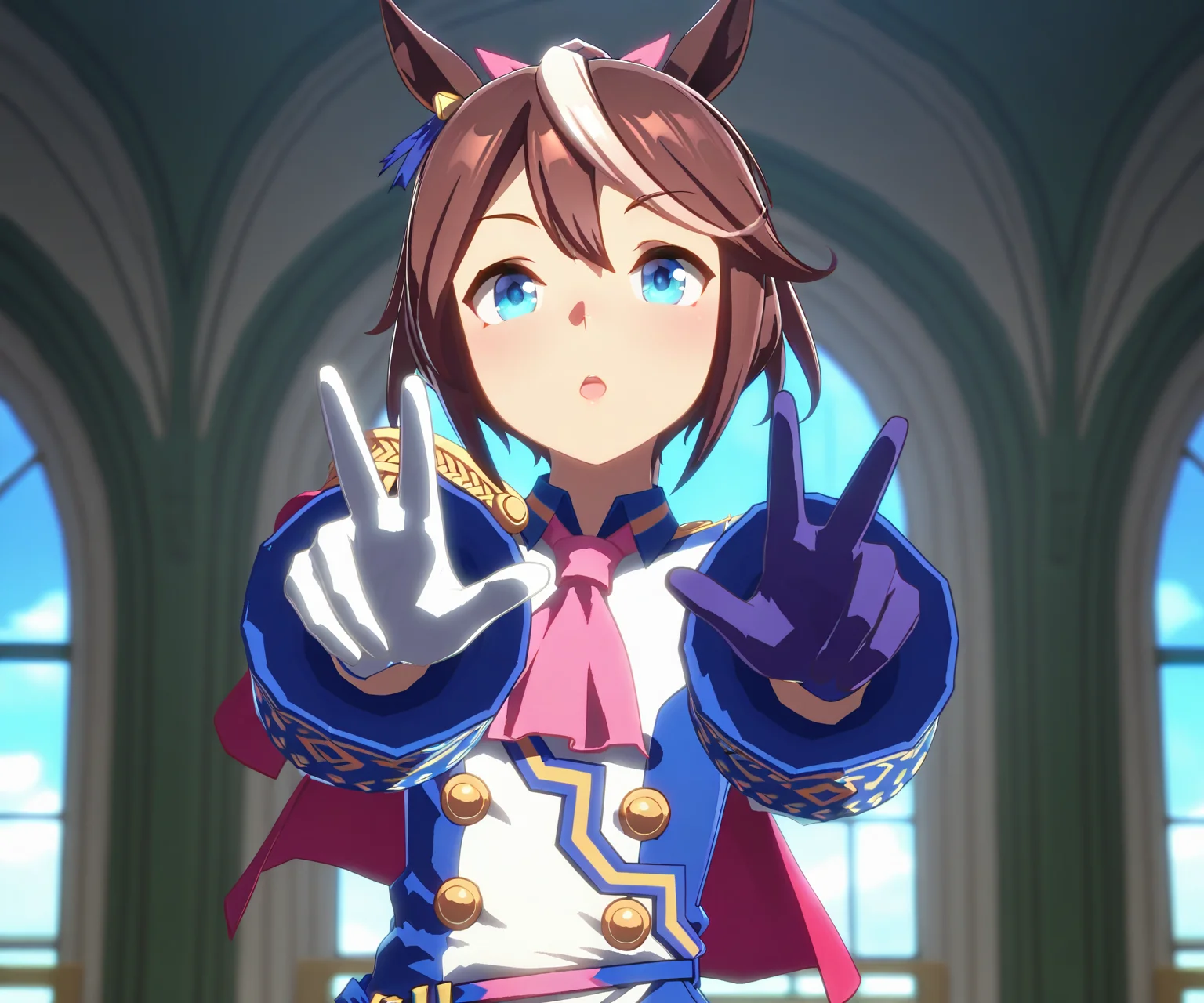 masterpiece, best quality, amazing quality, , 1girl,   solo, looking at viewer,  <lora:Tokai_Teio_in_game_style_3D_ILL-v2:1> ummsmingame, 3d, tokai teio \(umamusume\), asymmetrical gloves,
