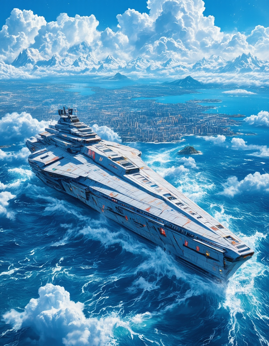 <lora:SW_Minis_7fluxc:1> above city and lakes, blue, day, epic scale, fantasy, huge angular design mothership, illuminated, kanji, marble, rough sea, t9, from side