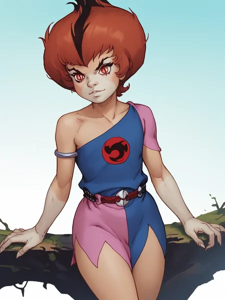 score_9, score_8_up, score_7_up, <lora:10_wilykit_pdxl_16:1> 1girl, solo, w1lyk1t, black striped red hair, red eyes, slit pupils, w1lyk1t tunic, bare shoulder, hips