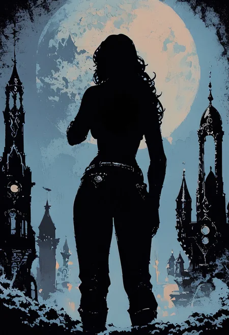 score_9, score_8_up, score_7_up, black woman silhouette, standing, rogue clothing, pants, long curly black hair, cowboy shot, wearing belt and sheath, back to viewer, dark medieval fantasy city, fog, blue theme, epic, blue and black, huge statues and tower, monochrome, endless fantasy city, night, moon, dark, heavily stylized, monochrome blue and black silhouettes