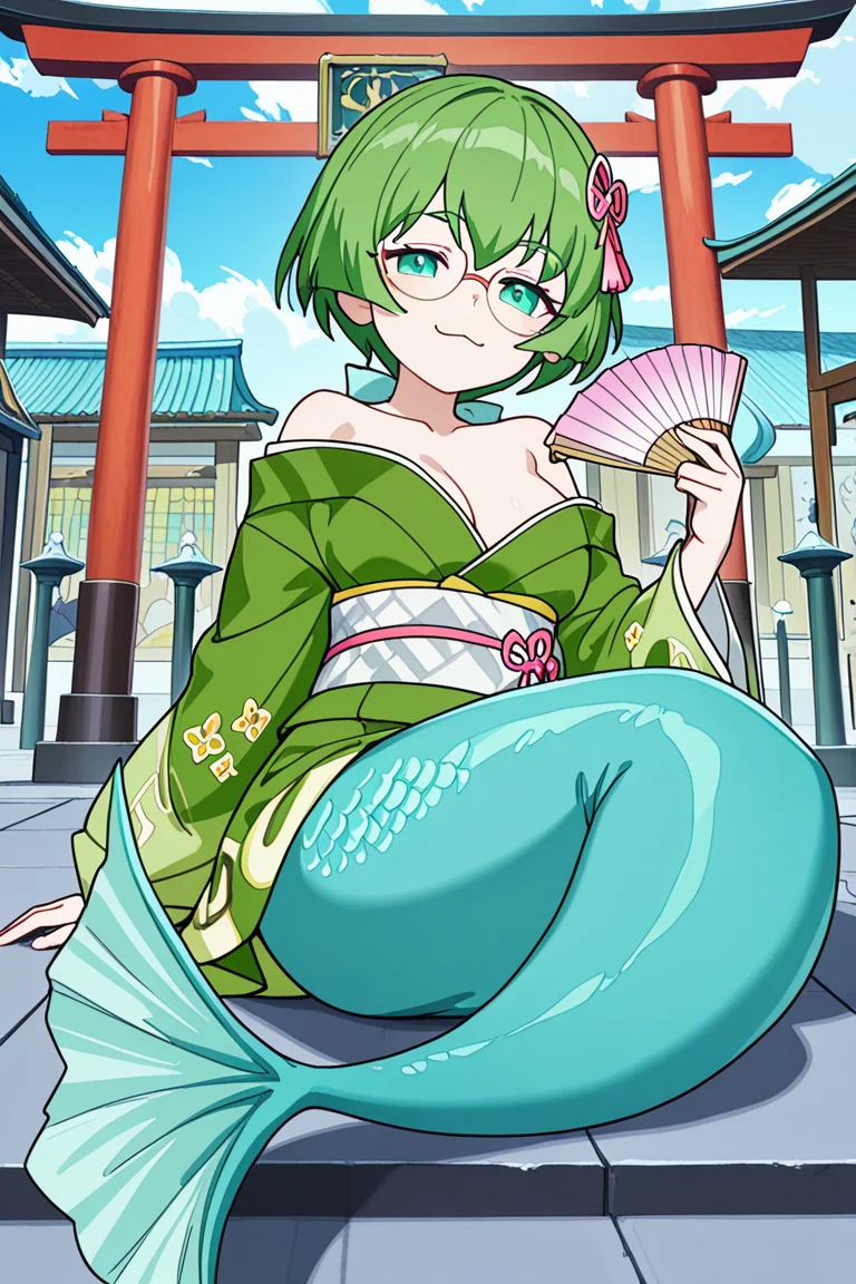 score_9, score_8_up, score_7_up, score_6_up, high resolution, gorgeous, absurdres, best quality, anime screencap, source_anime, (genshin impact), official art, 1girl
BREAK
detailed background, smug, hand fan, folding fan, japan, torii gates, temple
BREAK
,Coda,green hair, green eyes, long hair,ponytail, hair ribbon, glasses,medium breasts, monster girl, mermaid,mermaid tail, green tail,:3,single fang, kimono, off shoulders, obi, sash, hair ornament, cleavage