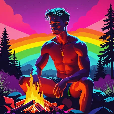 a cocky confident fuckboy sat shirtless by a campfire, rainbow neon colors, silhouette, illustration
