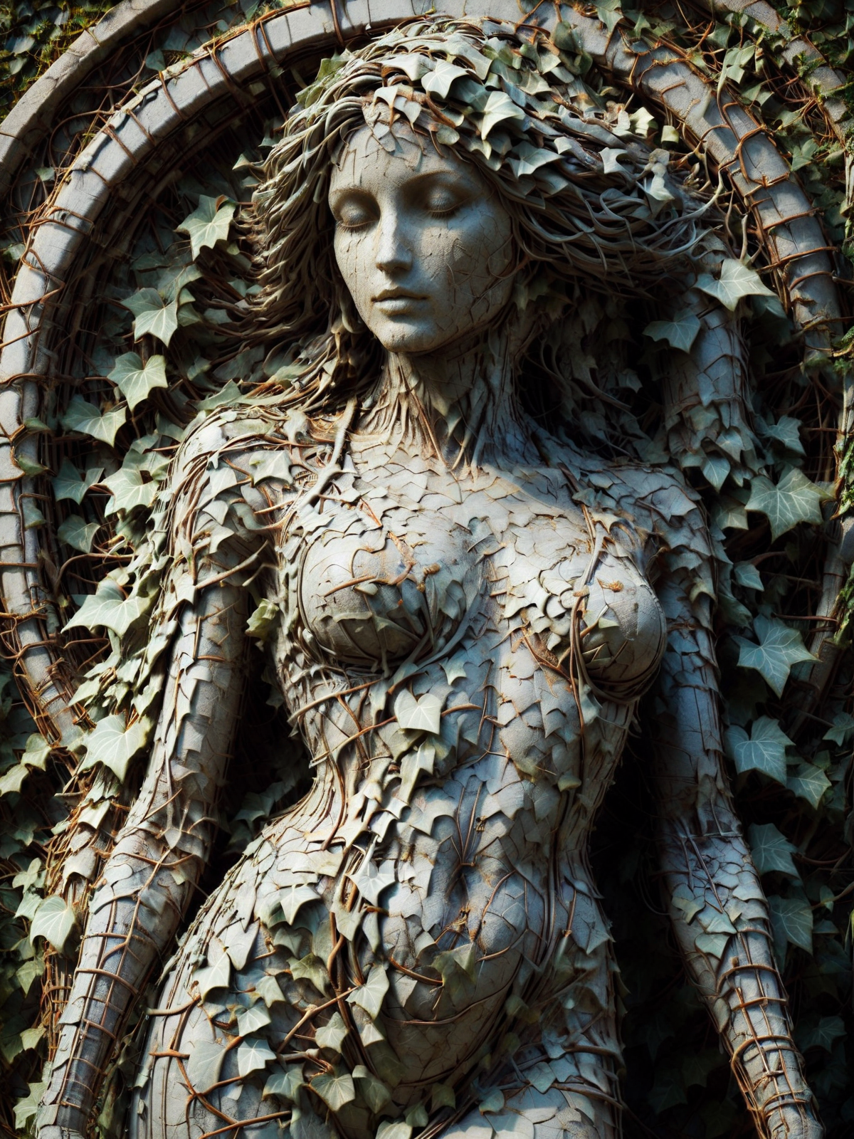 statue of a woman made of mad-rnfcnct covered in mad-efeu, in the style of alphonse mucha  <lora:Derilict_Concret_SDXL:1.0>  <lora:Ivy_SDXL:0.8>, (masterpiece:1.2), best quality, (hyperdetailed, highest detailed:1.2), high resolution textures