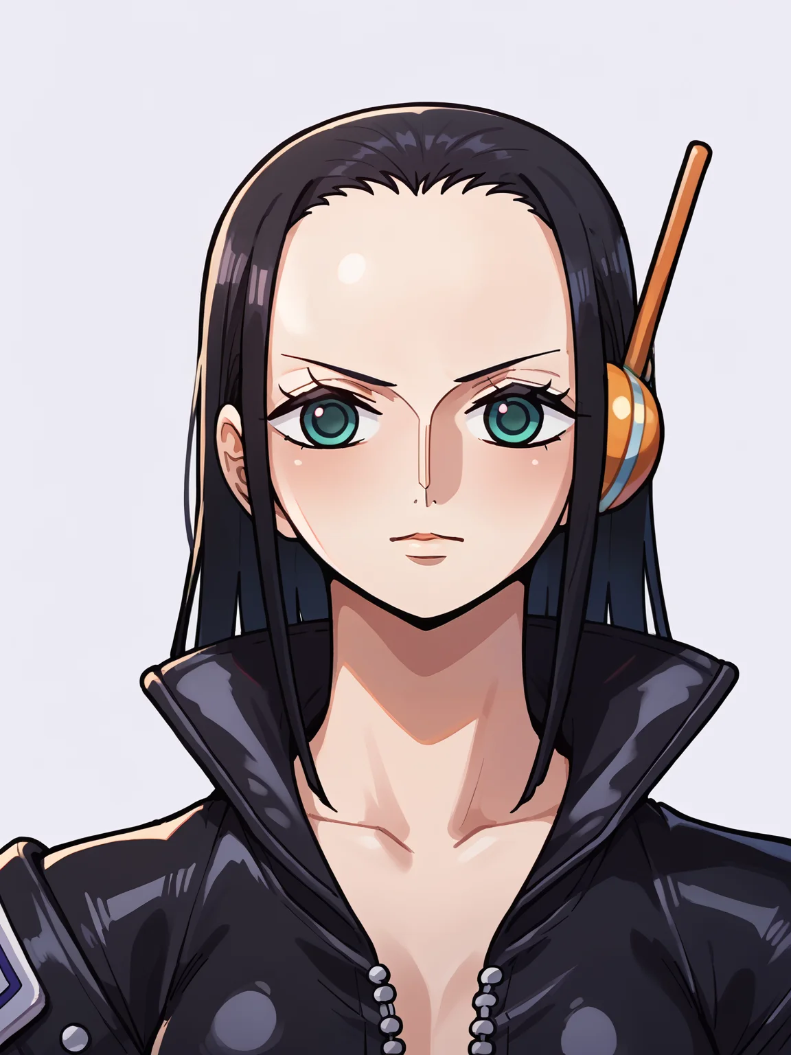 score_9, score_8_up, score_7_up, score_6_up, score_5_up, score_4_up, BREAK, source_anime, 1girl, nicoeh wearing a black jacket, nico robin,
upper body, looking at viewer, simple background <lora:NicoRobinXL:1>