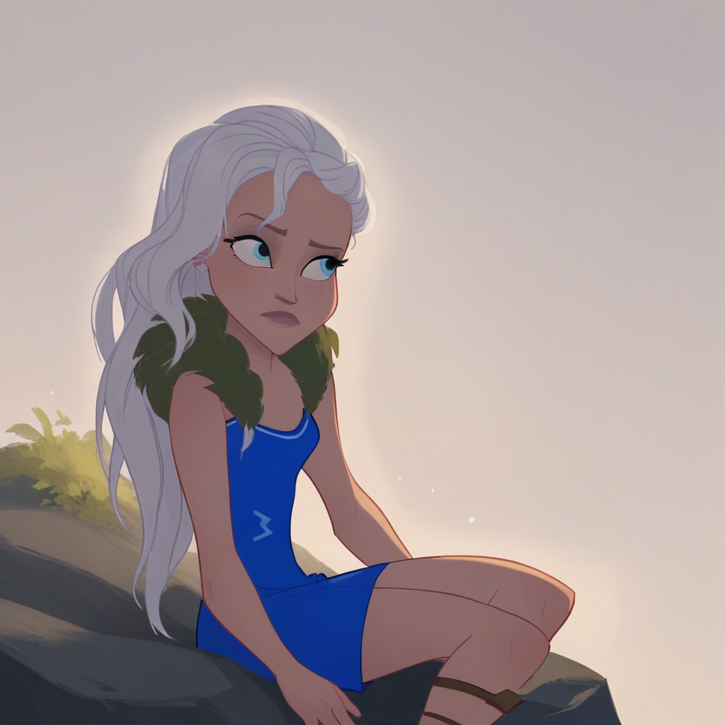 score_9_up, score_8_up, BREAK, Artemis, 1girl, solo, white hair, blue eyes, long hair, dress, fur trim, <lora:Artemis_GodsSchool_PXL_Leaf1:1>, sitting on rock, cowboy shot,