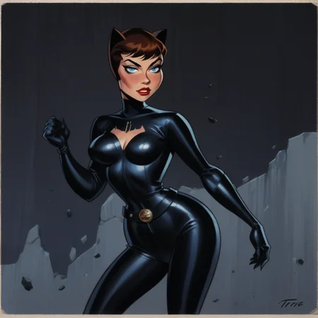 score_9, score_8_up, score_7_up,score_6_up, artist style:Urushihara Satoshi, source_hentai, source_anime, masterpiece, 2D, catwoman, selina_kyle, bruce_timm, pinup_(style), T1mmStyl3, BREAK, selina_kyle,, solo, 1woman, brown hair, blue eyes, catsuit, leather, skintight, black_bodysuit, pinup,