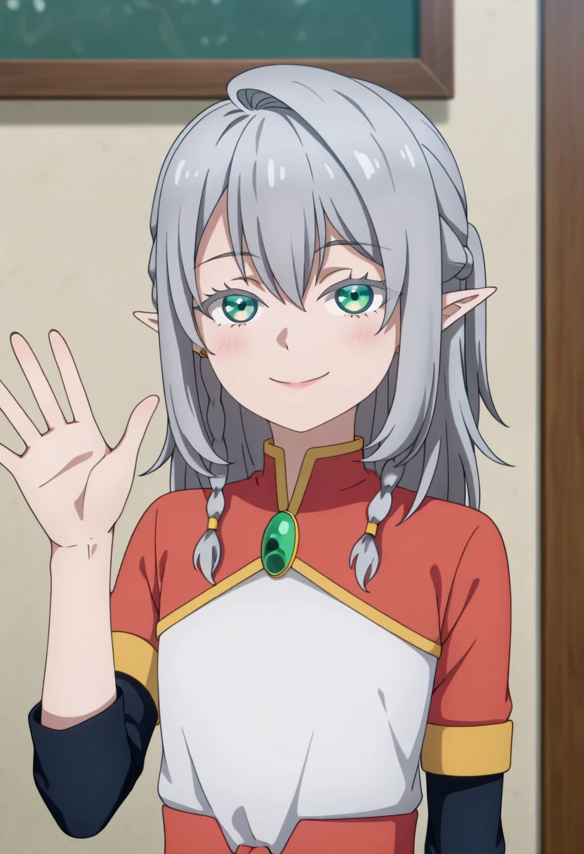 <lora:Young Tessia_IL:1>Young Tessia, 1girl, gray hair, pointed ears, elf, green eyes, white asymmetrical dress with yellow trim, red sash waist tie, black long-sleeve undershirt, green gem pendant necklace, white thigh-high socks, black crisscross strap shoes
Urban sanctuary with cherry blossom trees,seductive smile , waving to the viewer, upper body,