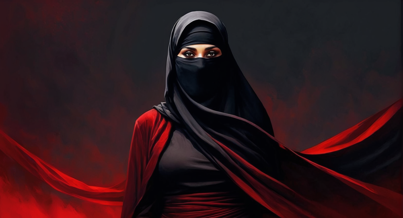Dark Fantasy Art of  <lora:burqa:1>
a woman wearing a black niqÄb and a red background burqa style, dark, moody, dark fantasy style