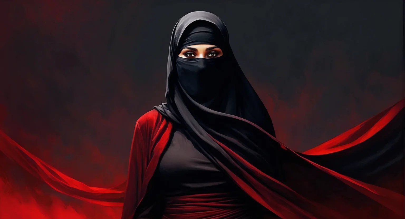 Dark Fantasy Art of <lora:burqa:1>
a woman wearing a black niqÄb and a red background burqa style, dark, moody, dark fantasy style