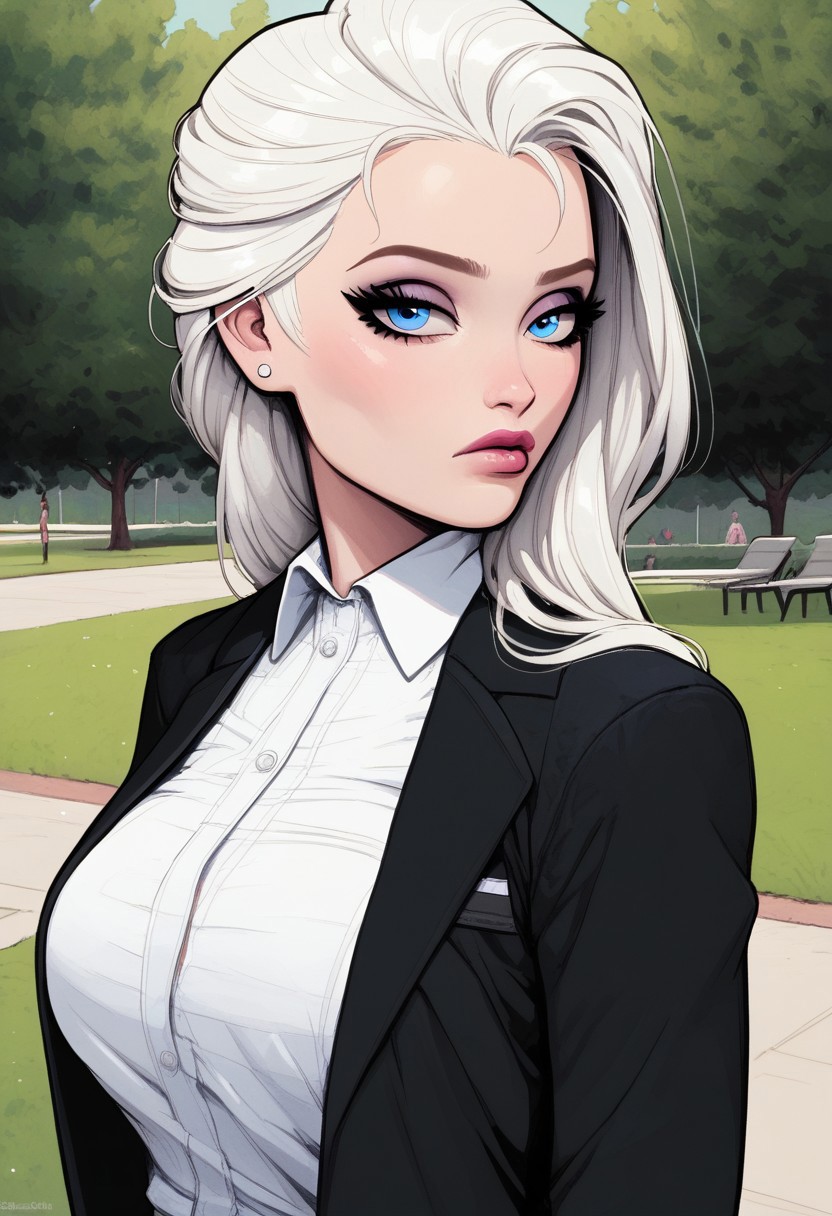 score_9, score_8_up, score_7_up, BREAK, 1girl, upper body focus, bimbo, bored eyes, happy face, (half body:1.2), walking, eyes, big tits, park,
white office outfit, looking at viewer, 
elsa, white hair, long hair, blue eyes, BREAK,
detailed face,,