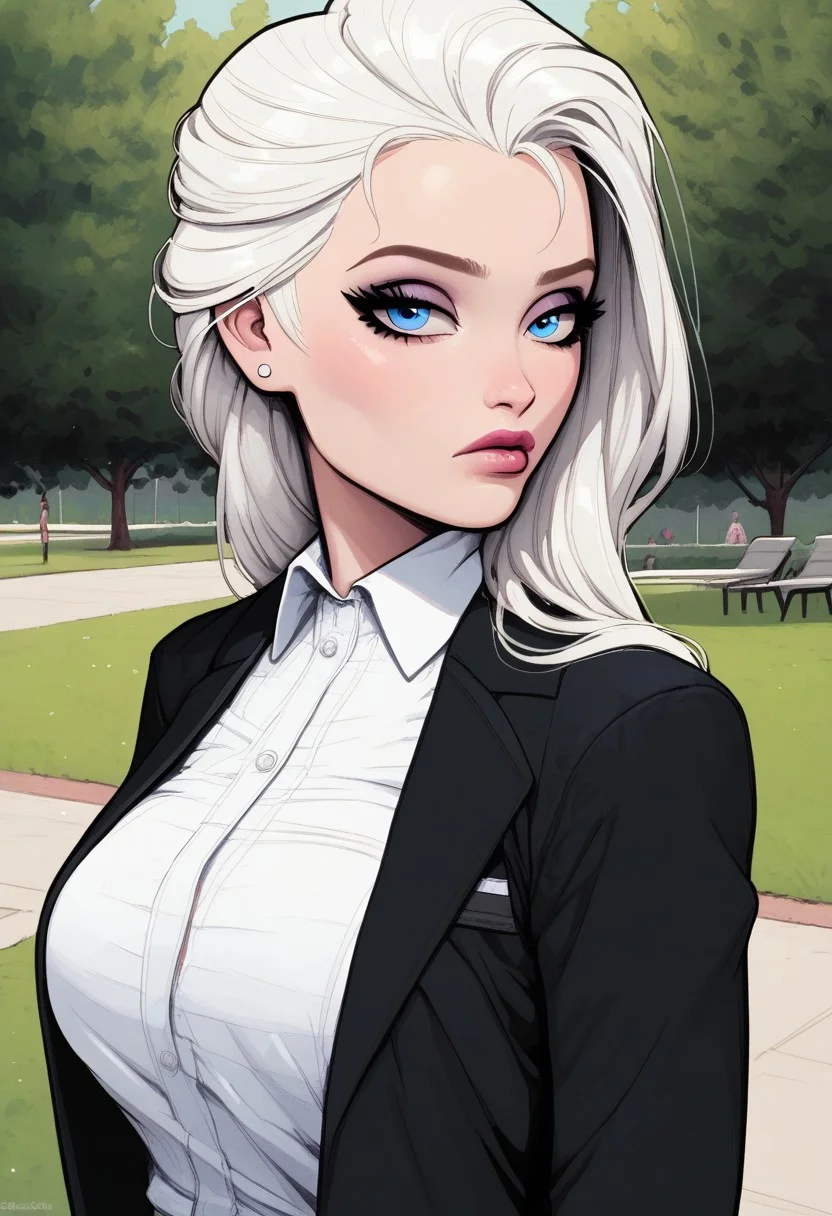 score_9, score_8_up, score_7_up, BREAK, 1girl, upper body focus, bimbo, bored eyes, happy face, (half body:1.2), walking, eyes, big tits, park,
white office outfit, looking at viewer,
elsa, white hair, long hair, blue eyes, BREAK,
detailed face,,