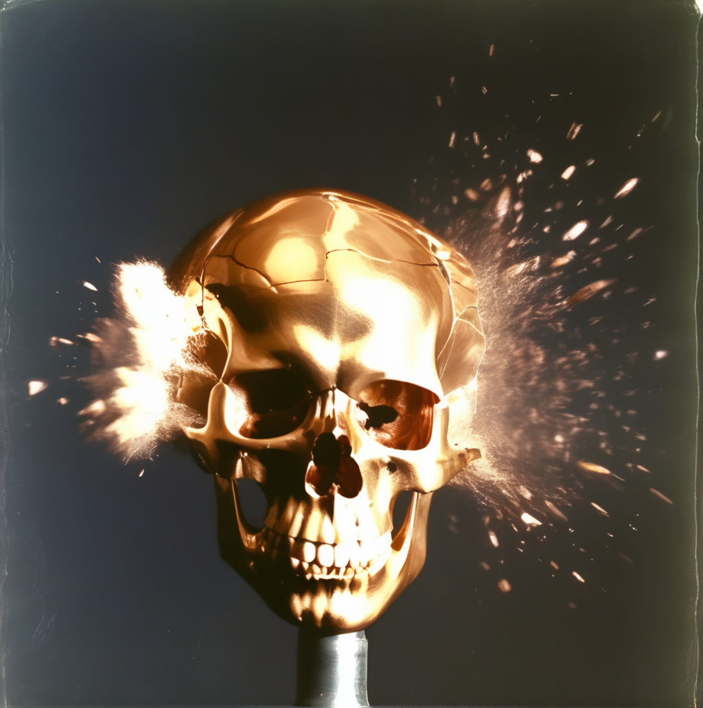 motioshot a bullet from a gun bursts a human skull high-speed photography, cinematic, darkness <lora:motioshot:1>