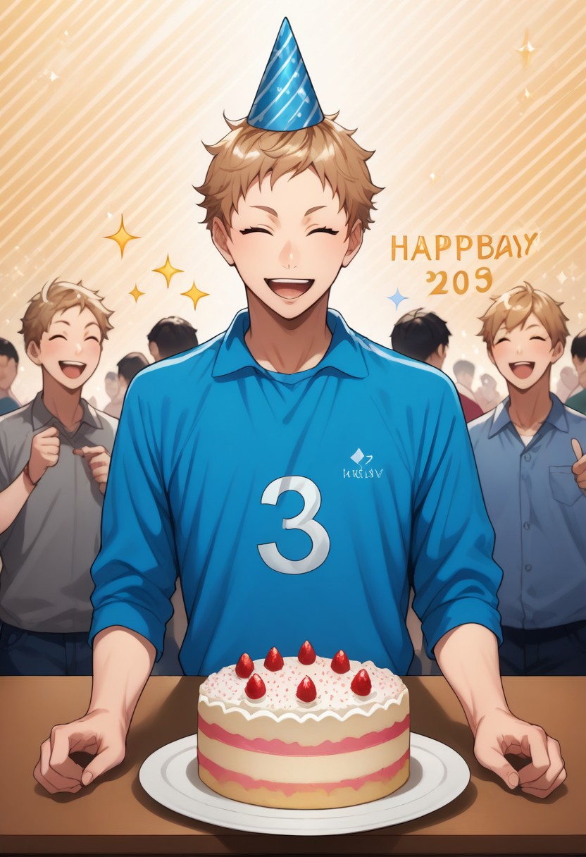 score_9, score_8_up, score_7_up, source_anime, rating_safe, sparkles effects, Yakaikyu, 1boy, male focus, closed eyes, casual clothes, party hat, open mouth, wide smile, teeth, upper body, hands with five fingers, happy birthday, cake on table, simple patterned background, cute wallpaper, happy-cheery,