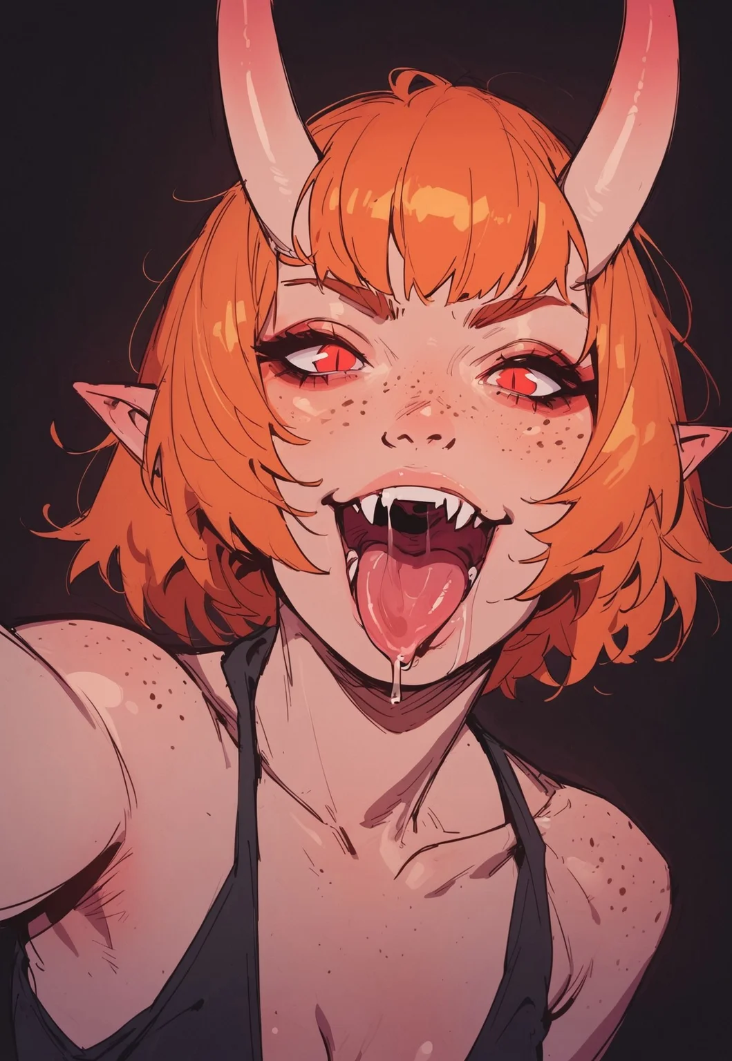 safe_pos, score_9, score_8_up, score_7_up, g0th1c, 43stl1ght1ng, dark background, rimlight, 1ly4, 1girl, monster girl, wide hips, small breasts, midriff, sexy legs, long legs, abs, oni horns, ginger hair, bangs, short hair, red eyes, slit pupils, pointy ears, freckles, cleavage, posing, smirk, open mouth, tongue out, fangs, saliva, selfie, wide angle