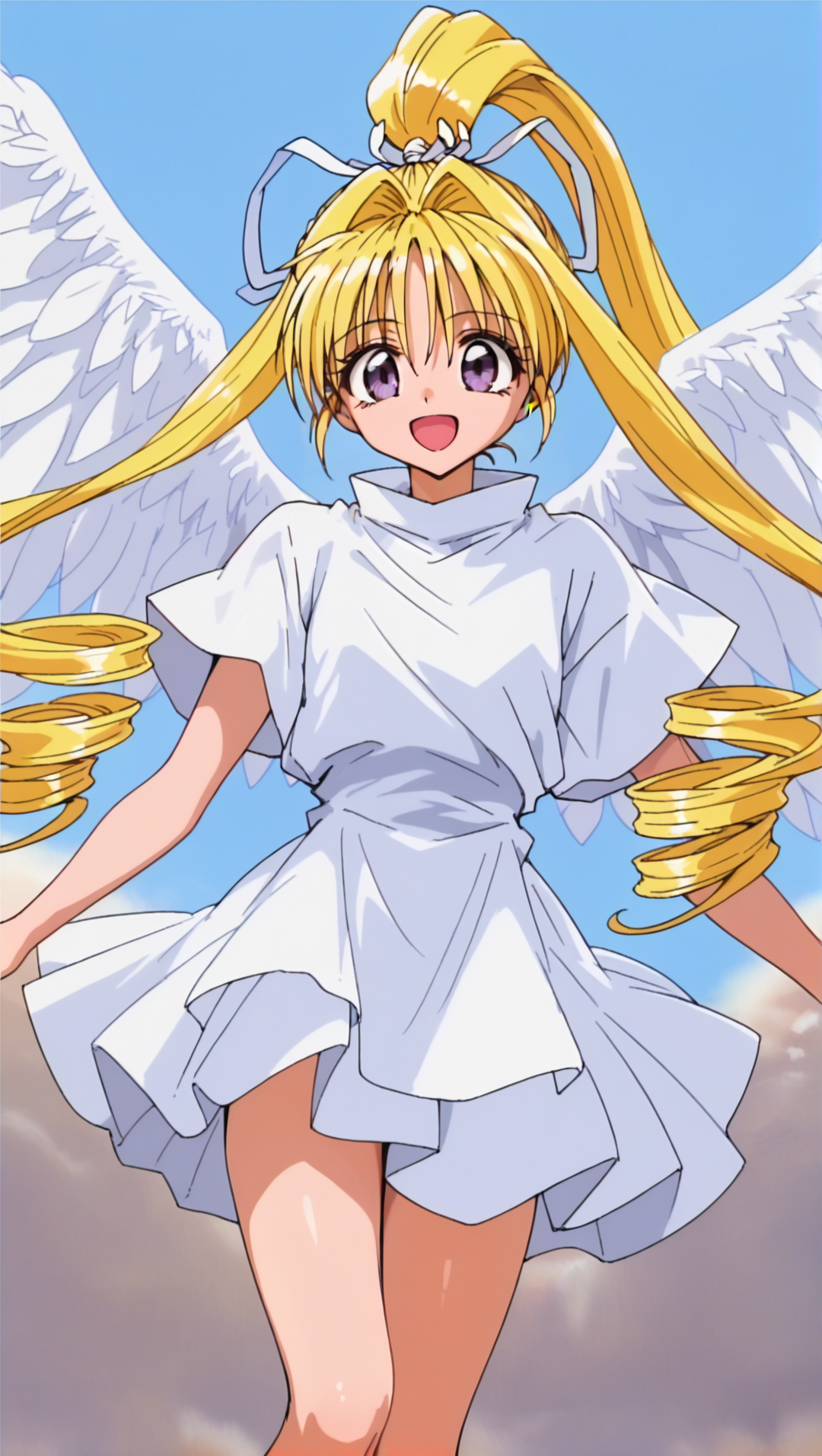 Solo, cute, score_9, score_8_up, score_7_up, KKJs2, artist A style, (purple eyes, blonde hair, very long hair, high twintails, high ponytail, drill hair, white hair ribbon:1.3), transformation outfit, White outfit, short sleeves, standing collar, bare hands,White layered skirt, bare legs, dynamic pose, smiling, sun, blue sky, White wings, feathered wings, flying above, opened mouth, 