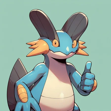 Score_7_up, score_8_up, upper body, 2d, 
BREAK,
Pokemon (creature), Swampert, orange eyes, fins, smile, three fingers, (thumbs up), looking at viewer, simple background,