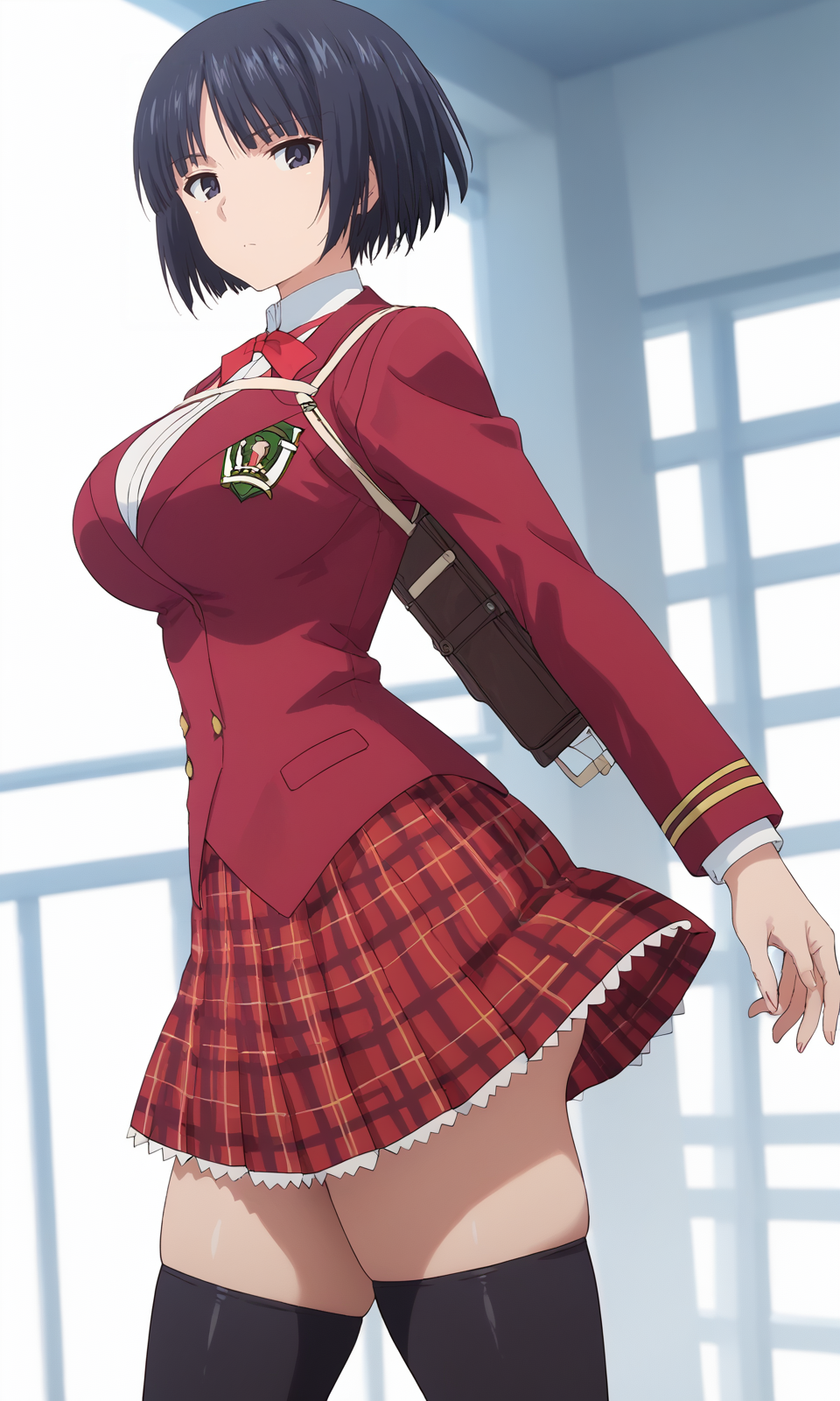 zPDXL3, score_9_up, score_8_up, score_7_up, (Anime_source),Masterpiece,(perfect female body:1.2), small waist,(incredibly detailed:1.4), slim, beautiful fingers, beautiful white skin, Beautiful clear skin, (huge breasts:1.1) (large breasts:1.1) (thick thighs:1.5)looking at viewer, from side, big breasts, ass, perfect ass, Yuuki Karin, black hair, short hair, black eyes, plaid skirt, black thighhighs, school uniform, zettai ryouiki,  <lora:Yuuki_Karin_-_UQ_Holder:1>