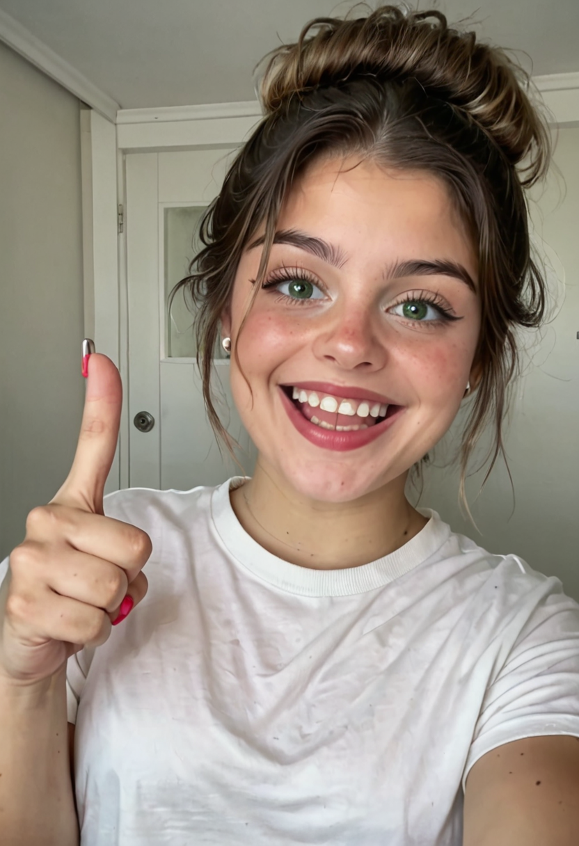 safe_pos, score_9, score_8_up, score_7_up, score_6_up, score_5_up, score_4_up, Luz_Celina_Influencer, Luz Celina Influencer
(1girl, caucasian, 18yo, brown hair,pale skin, XSTYL hair, green eyes, big eyes ), (laughing wide open mouth:1.2), (pointing at viewer:1.1)
cinematic lighting, dynamic view,  looking at the viewer,  dynamic angle, model pose, cowboy shot
<lora:Pony_DetailV2.0:0.8> <lora:Luz_Celina_Influencer:1>âââ