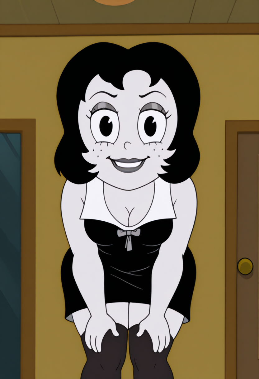 masterpiece, best quality, amazing quality, t00t8r4, 1girl, black hair, two-tone dress, black thighhighs, evil smile, hands on knees, bending forward, looking at viewer, playful expression, indoors, cinematic shot,