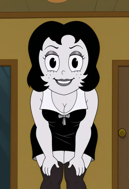 masterpiece, best quality, amazing quality, t00t8r4, 1girl, black hair, two-tone dress, black thighhighs, evil smile, hands on knees, bending forward, looking at viewer, playful expression, indoors, cinematic shot,