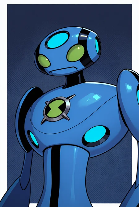 <lora:ulteco-10:1> ulteco, pokemon (creature),blue robot, green eyes, closed mouth, dark blue background, thick borders,, masterpiece, best quality, amazing quality, very aesthetic, absurdres, newest,, upper body, halftone effect, white borders, abstract background:1.2,