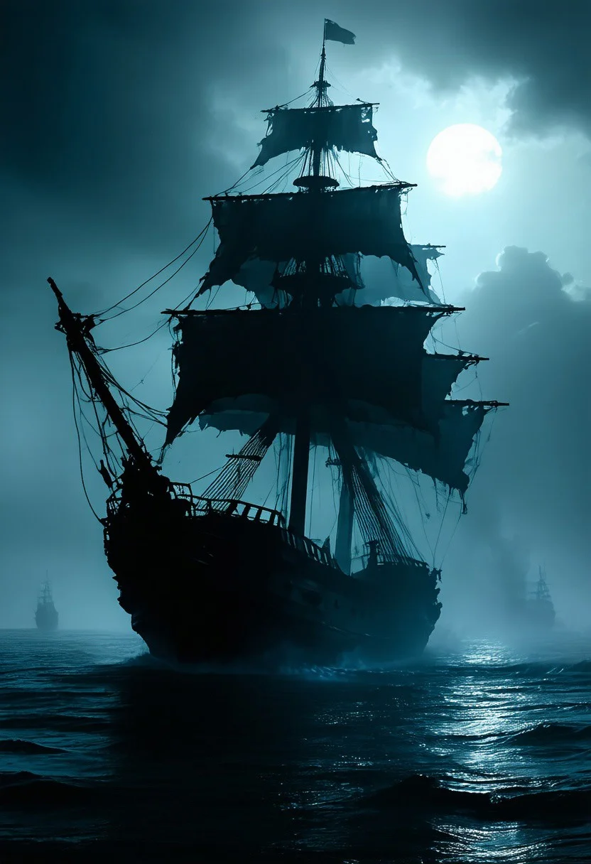silhouette art, masterpiece, a pirate ghost ship, tattered rigging, tattered black sails, jolly roger flag, materialises from the mist in the darkness, HD32K, wallpaper, hyperdetailed