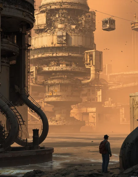 By Paul Chadeisson. A digital illustration shoot from a far camera angle about a post-apocalyptic scene featuring a steampunk cityscape with tall, metallic structures and a vast expanse of water. the scene is set in the middle of the image, with a large, industrial structure on the left and a ladder on the right. the structure appears to be made of metal and has intricate designs and patterns. it is surrounded by a dense, foggy atmosphere with a few birds flying in the distance. the sky is a hazy orange color, giving the scene a mysterious and eerie feel. on the foreground, a lone, male figure stands confidently, looking out over the water. he is wearing a hat and carrying a backpack, adding to the sense of mystery and adventure. in the background, a cable car is suspended above the structure, adding a sense of movement and adventure to the scene. the overall atmosphere is reminiscent of a sci-fi fantasy, with the presence of mechanical structures and industrial elements that create a surreal and otherworldly scene.