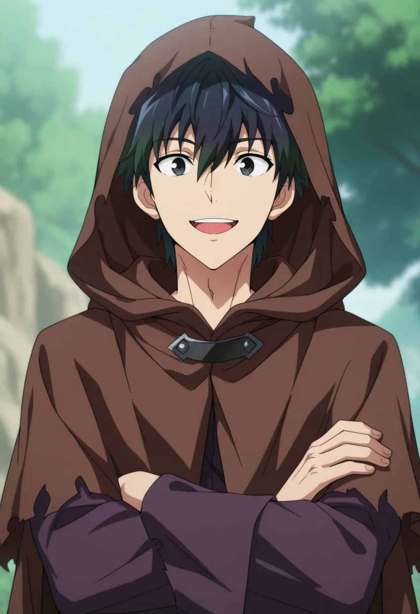 masterpiece, best quality, amazing quality,high resolution,intricate details,official style,depth of field,anime coloring , , , 1boy, solo, male focus,  <lora:Desir_Herrman:0.74>,desir herrman,black hair,black eyes,short hair,multicolored hair,smile, open mouth, long sleeves, upper body, hood, torn clothes,short cloak, hood up, robe,crossed arms,upper teeth, brown cloak ,hooded cloak