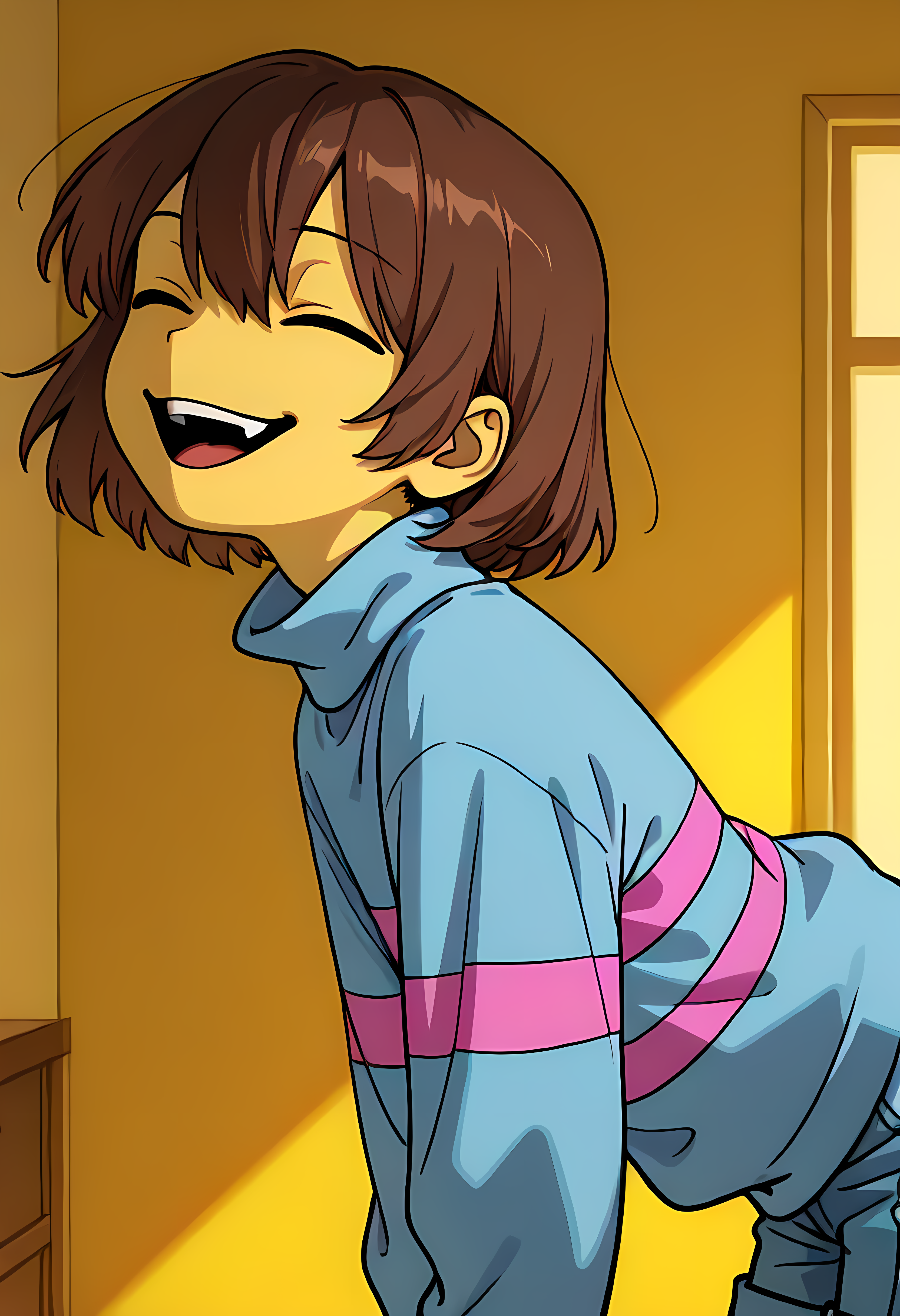 1 girl,,short hair, purple outfit,  frisk , brown hair, closed eyes,,, sweater, evil smile,, solo, striped sweater, open mouth, striped, ,  shorts,blue shirt,purple striped shirts, <lora:Frisk_new_ill:1>,turtleneck,frisk,pantyhoes<lora:add-detail-xl:1>,masterpiece,best quality,amazing quality,very aesthetic,absurdres,newest,huge filesize,<lora:spo_sdxl_10ep_4k-data_lora_webui:0.5>,detailed background,from side,upper body,yellow hall, ( undertale ),face focus, leaning forward,