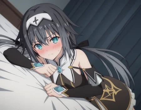 score_9, score_8_up, score_7_up, source_anime,
nibelcole, <lora:nibelcole-s4s5-ponyxl-lora-nochekaiser:1>,
nibelcole, long hair, blue eyes, black hair, hair between eyes, twintails, very long hair, hairband, low twintails, white hairband,
skirt, detached sleeves, sleeveless, white skirt, black sleeves,
indoors, bed, bed room, on side, blush, drunk,
looking at viewer, solo, cowboy shot, dutch angle,