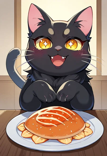 score_9, score_8_up, score_7_up, (source_anime, rating_safe, three quarter view, no humans, Animal focus), (fat cat, wide smile, open mouth, fangs, sparkly eyes, blushing), (Black cat,solo, black fur, fat cat, yellow eyes, tail, ribbon), (kitchen, table, fish on plate) BREAK (on table)