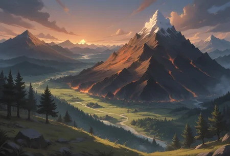 score_9, score_8_up, score_7_up, (masterpiece), best quality, symphtia-style, landscape, (volcano, erupting volcano), forest