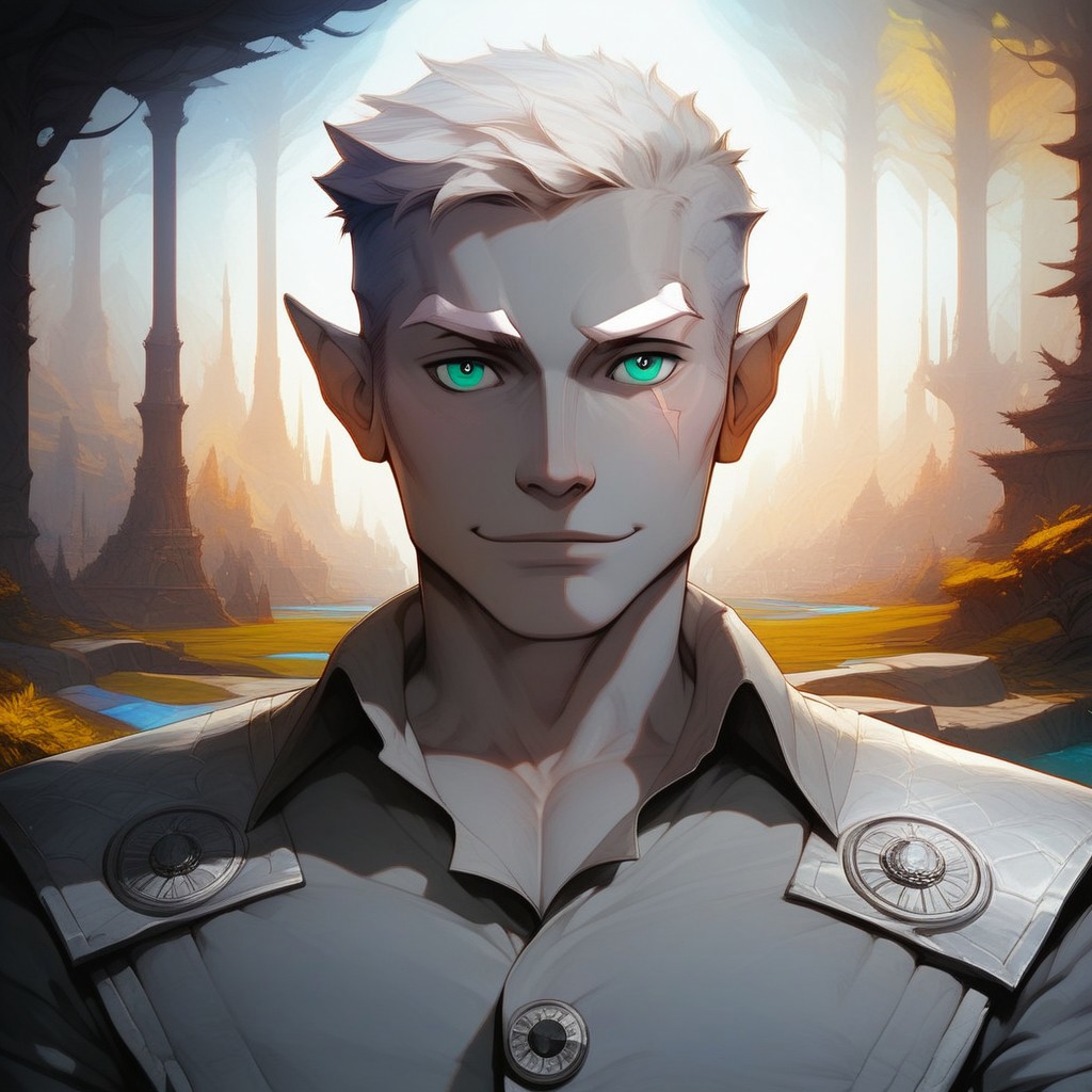 (score_9, score_8_up:1.1), score_7_up, score_9, score_8_up, score_8, score_7_up, dynamic angle, ((full body)), masculine, relaxing, leaning on riverbank, 1boy, solo, sexy, athletic, vox machina style, solo, warlock, fantasy, forest background, (dynamic lighting:1.1) ((masterpiece)), detailed eyes, (((detailed iris))), pupils, perfecteyes, perfect eyes, best quality, ((masterpiece)), sharp cheekbones, gaunt face, defined cheekbones, 28 years old, (adult, mature), hard face, slight smile, ((thin lips)), (half_elf:0.5), dark elf, (((grey skin))), ((((white hair)))), (((short hair))), professional, (legion haircut), (short cut sides), (short bangs), (((white eyebrows))), light eyebrows, ((((pale grey ((((short)))) tipped ears)))), pointed_ears:0.5, ((short pointed ears)), eyebrow scar on left side of face, cheek scar, ((detailed turquoise eyes))