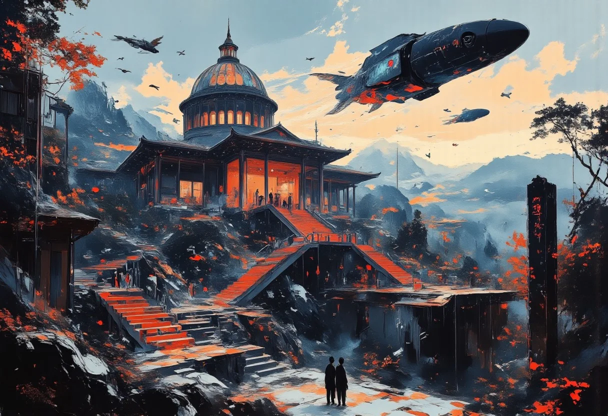 An intricate abstract artwork, high-contrast Shinto shrine nestled in misty mountain terrain at sunset. A long staircase with tori gates ascends through rocky woodland towards the shrine, depicted in a busy vector cartoon illustration with refulgent, hyphae-like, indigo blue, galactic elements in a British comic style. Features an exhausted, romantic, mystifying, rapid-fire, concave conceptual futuristic gothic hardsurface device design on a table, within a moody repair shop aesthetic by California, set in dystopian and surreal surroundings. The U.S. Capitol Building is reimagined as the futuristic headquarters of the Weyland-Yutani Corporation. Classical architecture blends seamlessly with sleek, technological enhancements, creating a cyberpunk aesthetic. The dome displays the glowing Weyland-Yutani logo, signifying corporate dominance. Neon corporate advertisements illuminate the night sky, contrasting with the landmark's metallic marble facade and transparent aluminum windows. Durable, synthetic materials reinforce the columns. Aerial vehicles streak across the image, while a colossal holographic dragonfly spaceship hovers above. The grounds are a bustling hub of robotic workers and augmented reality users. The scene juxtaposes the past and present, symbolizing corporate power intertwined with political history, redefining the skyline. aidmamj6.1, TOK, In the style of ff-td, pscho_4rt, (add flying fishes)