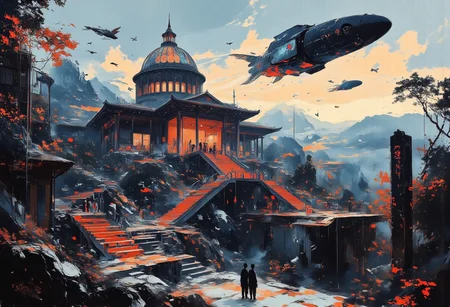 An intricate abstract artwork, high-contrast Shinto shrine nestled in misty mountain terrain at sunset. A long staircase with tori gates ascends through rocky woodland towards the shrine, depicted in a busy vector cartoon illustration with refulgent, hyphae-like, indigo blue, galactic elements in a British comic style. Features an exhausted, romantic, mystifying, rapid-fire, concave conceptual futuristic gothic hardsurface device design on a table, within a moody repair shop aesthetic by California, set in dystopian and surreal surroundings. The U.S. Capitol Building is reimagined as the futuristic headquarters of the Weyland-Yutani Corporation. Classical architecture blends seamlessly with sleek, technological enhancements, creating a cyberpunk aesthetic. The dome displays the glowing Weyland-Yutani logo, signifying corporate dominance. Neon corporate advertisements illuminate the night sky, contrasting with the landmark's metallic marble facade and transparent aluminum windows. Durable, synthetic materials reinforce the columns. Aerial vehicles streak across the image, while a colossal holographic dragonfly spaceship hovers above. The grounds are a bustling hub of robotic workers and augmented reality users. The scene juxtaposes the past and present, symbolizing corporate power intertwined with political history, redefining the skyline. aidmamj6.1, TOK, In the style of ff-td, pscho_4rt, (add flying fishes)