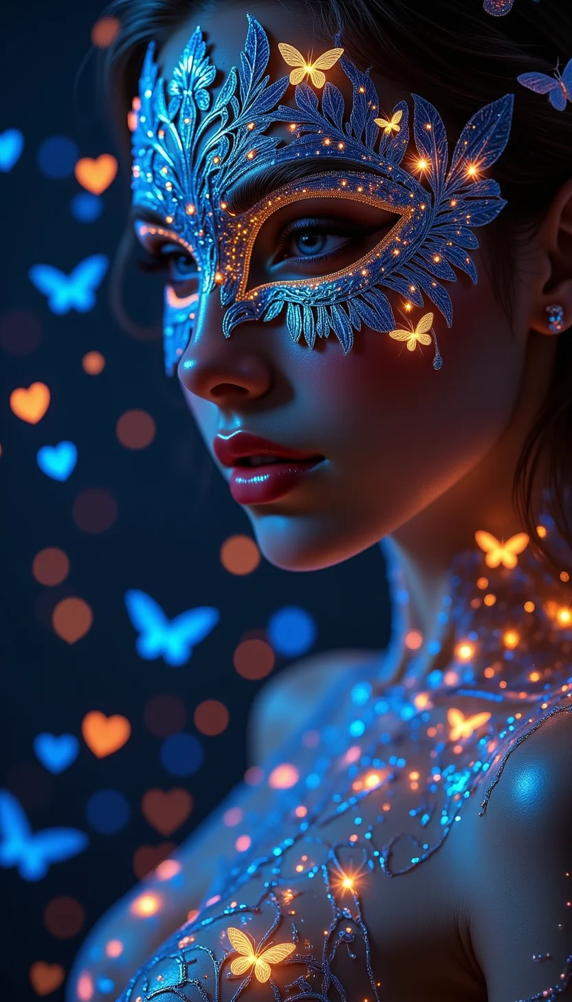 pinkfantasybabes, 

Close-up of a woman's face, focusing on her right side, wearing an ornate, intricate masquerade mask that covers her eyes and upper nose. The mask is detailed with lace-like patterns, embedded with small glowing lights and tiny luminescent butterflies, primarily in blue and orange hues. The mask has an elaborate design that merges seamlessly with her skin, which is illuminated with bioluminescent patterns glowing in shades of blue and orange, covering her neck, shoulders, and chest. Her lips are slightly parted, showing a natural yet f. B_6, An enchanting scene filled with heart-shaped bokeh lights that sparkle against a deep black background. The lights are arranged in a visually appealing pattern, with some glowing softly and others shining brightly, creating a magical and romantic ambiance. The heart shapes are interspersed with smaller, round light orbs, adding depth and variety to the composition. The overall effect is a beautiful, dreamy display of love and light. 