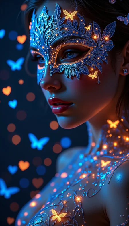 pinkfantasybabes,
Close-up of a woman's face, focusing on her right side, wearing an ornate, intricate masquerade mask that covers her eyes and upper nose. The mask is detailed with lace-like patterns, embedded with small glowing lights and tiny luminescent butterflies, primarily in blue and orange hues. The mask has an elaborate design that merges seamlessly with her skin, which is illuminated with bioluminescent patterns glowing in shades of blue and orange, covering her neck, shoulders, and chest. Her lips are slightly parted, showing a natural yet f. B_6, An enchanting scene filled with heart-shaped bokeh lights that sparkle against a deep black background. The lights are arranged in a visually appealing pattern, with some glowing softly and others shining brightly, creating a magical and romantic ambiance. The heart shapes are interspersed with smaller, round light orbs, adding depth and variety to the composition. The overall effect is a beautiful, dreamy display of love and light.