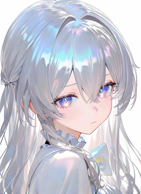 1girl,firefly_(honkai:_star_rail) ,reflective hair,long hair,masterpiece, best quality, very aesthetic, absurdres,,simple background, solo, virtual youtuber, looking at viewer,upper body,   <lora:nyaliaXLNB11lokrV531:0.8>,   <lora:jima-NAI:0.8>