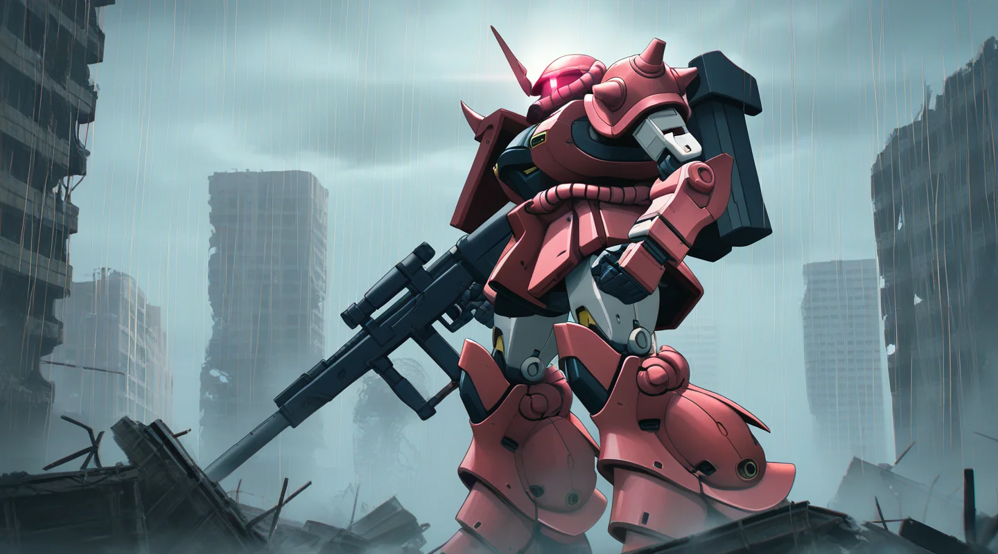 newest, masterpiece, best quality, <lora:zzz3d_vpred:0.8>, (3d:0.8), simple background, very aesthetic, mixed media, photo background, very awa, perspective, perfect composition, horror \(theme\),
BREAK
outdoors, grey sky, post-apocalypse, rain, dark clouds, ruins, cityscape, smoke, no humans,
BREAK
1other, solo,mecha, gundam, robot, zaku ii, , gun, lens flare, glowing eye, walking, fog, holding weapon, from side, holding_in_both_hands, anti-materiel rifle,