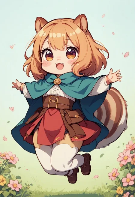 score_9, score_8_up, score_7_up, best quality, fine detail, cute, squirrel girl, chibi, jumping, :3, meadow full of flowers, grass
